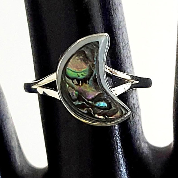 Blue Pacific Abalone Petit Inlay Rings Crescent Moon - Picture 1 of 1